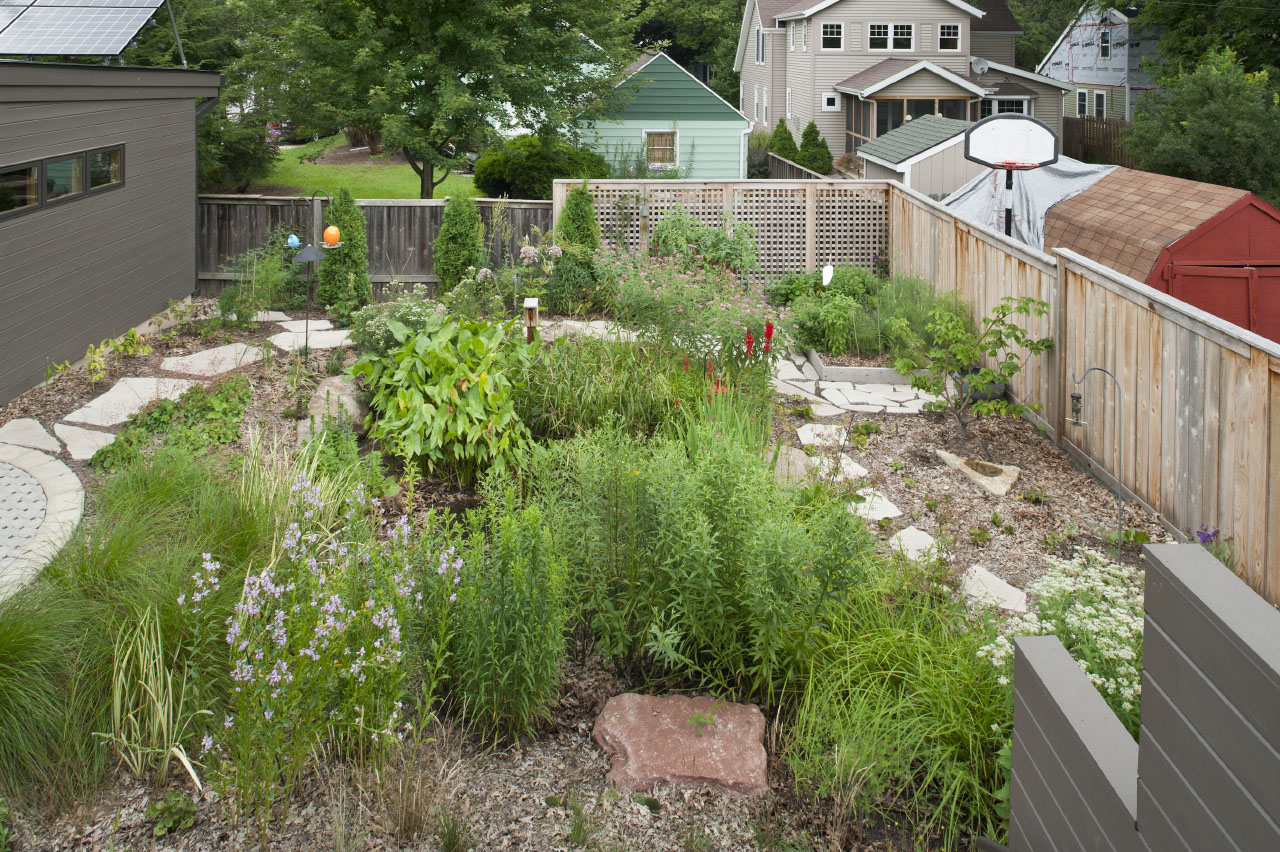 Backyard garden of the the Ross Street House in Madison, Wisconsin by Richard Wittschiebe Hand Architects