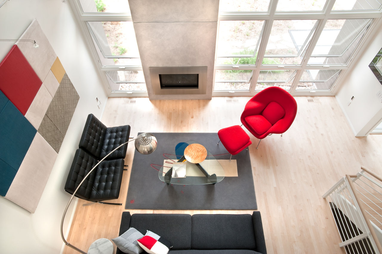 Overhead  living room view of the Ross Street House in Madison, Wisconsin by Richard Wittschiebe Hand Architects
