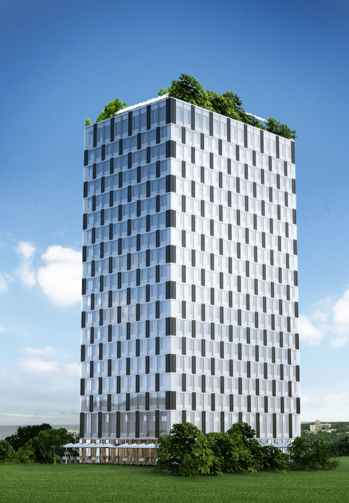 Exterior rendering of the LifeCycle Tower in Dornbirn, Austria by Creative Renewable Energy and Efficiency Group