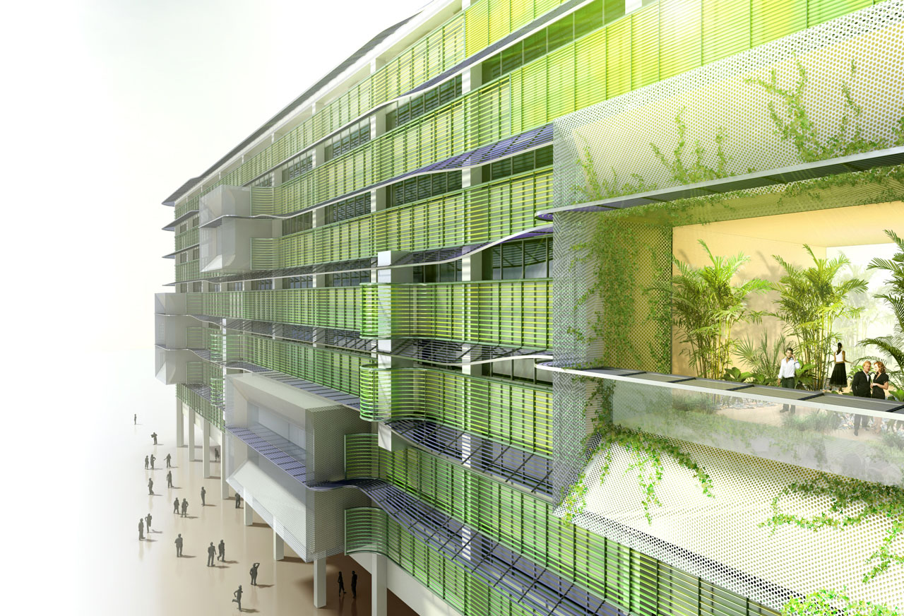 Exterior facade Detail rendering of the Process Zero Concept Building by HOK