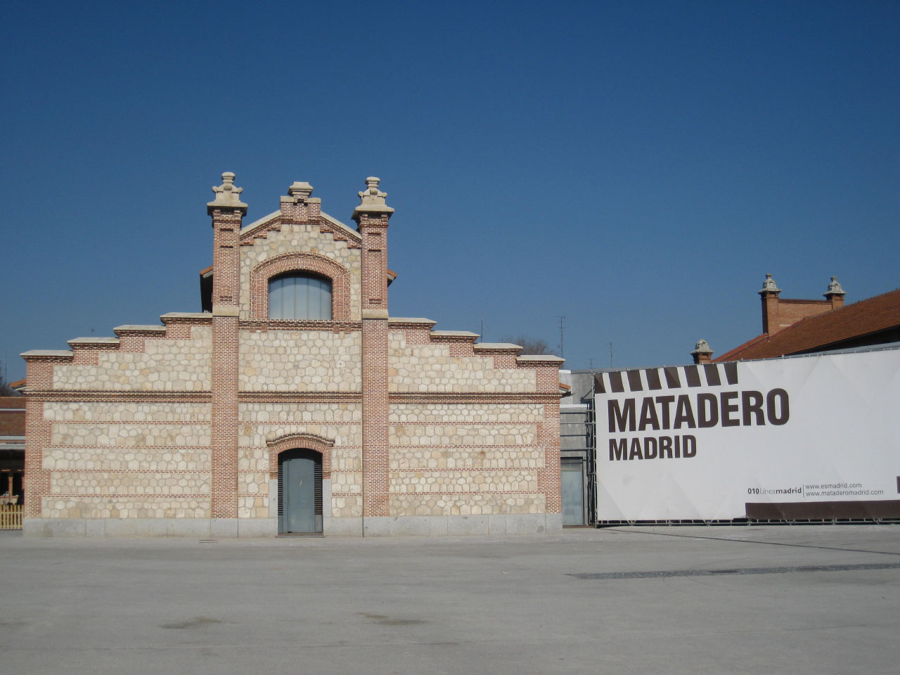 Exterior of the renovated Matadero cultural center in Madrid, Spain