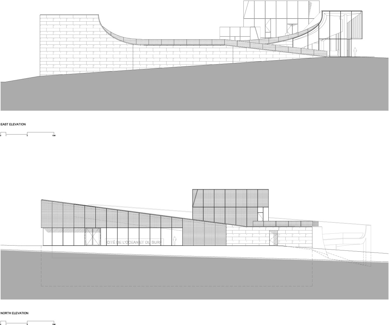 elevation drawings of Cité de l'Océan et du Surf Museum by Steven Holl Architects