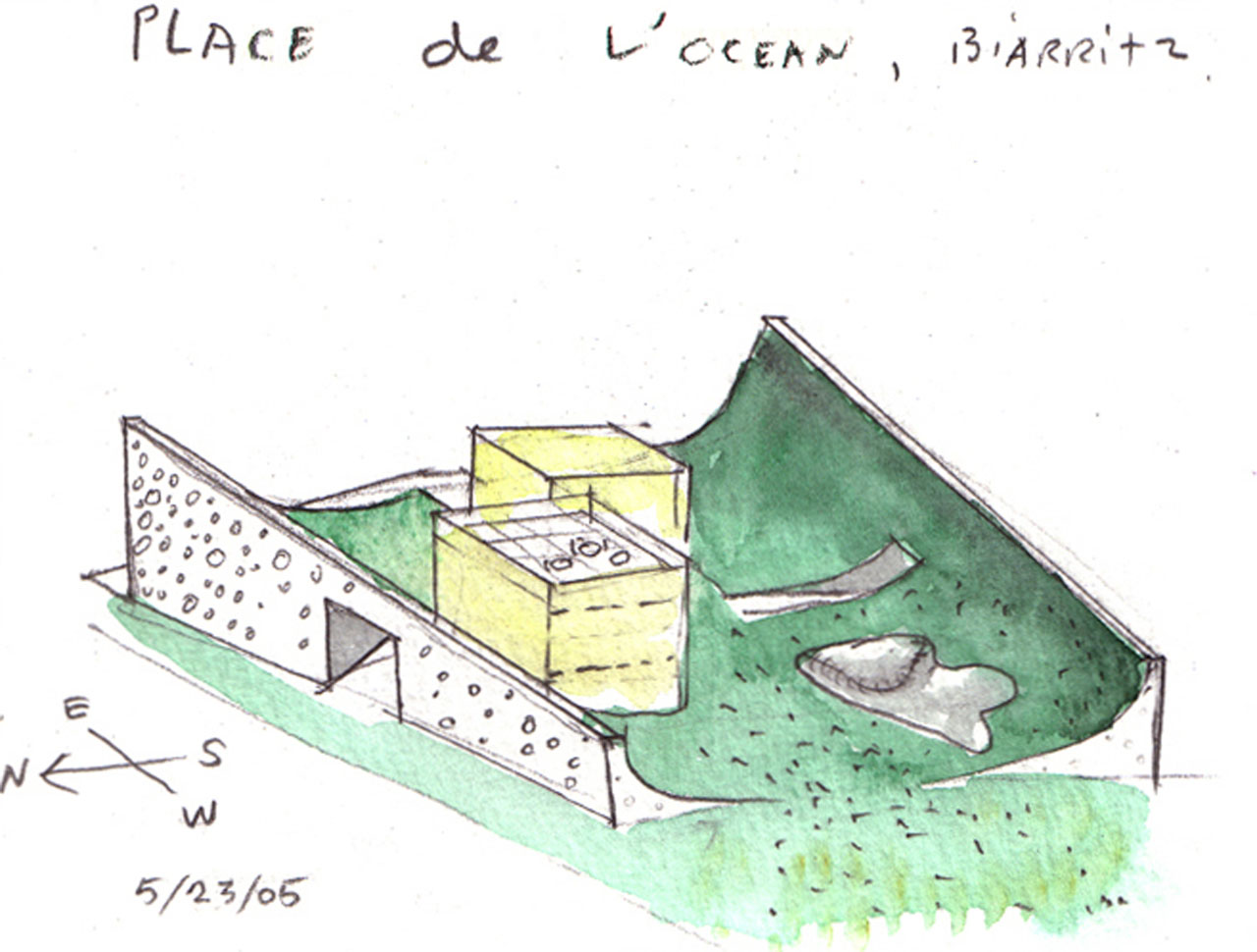 Water color concept sketch of the Cité de l'Océan et du Surf Museum by Steven Holl Architects