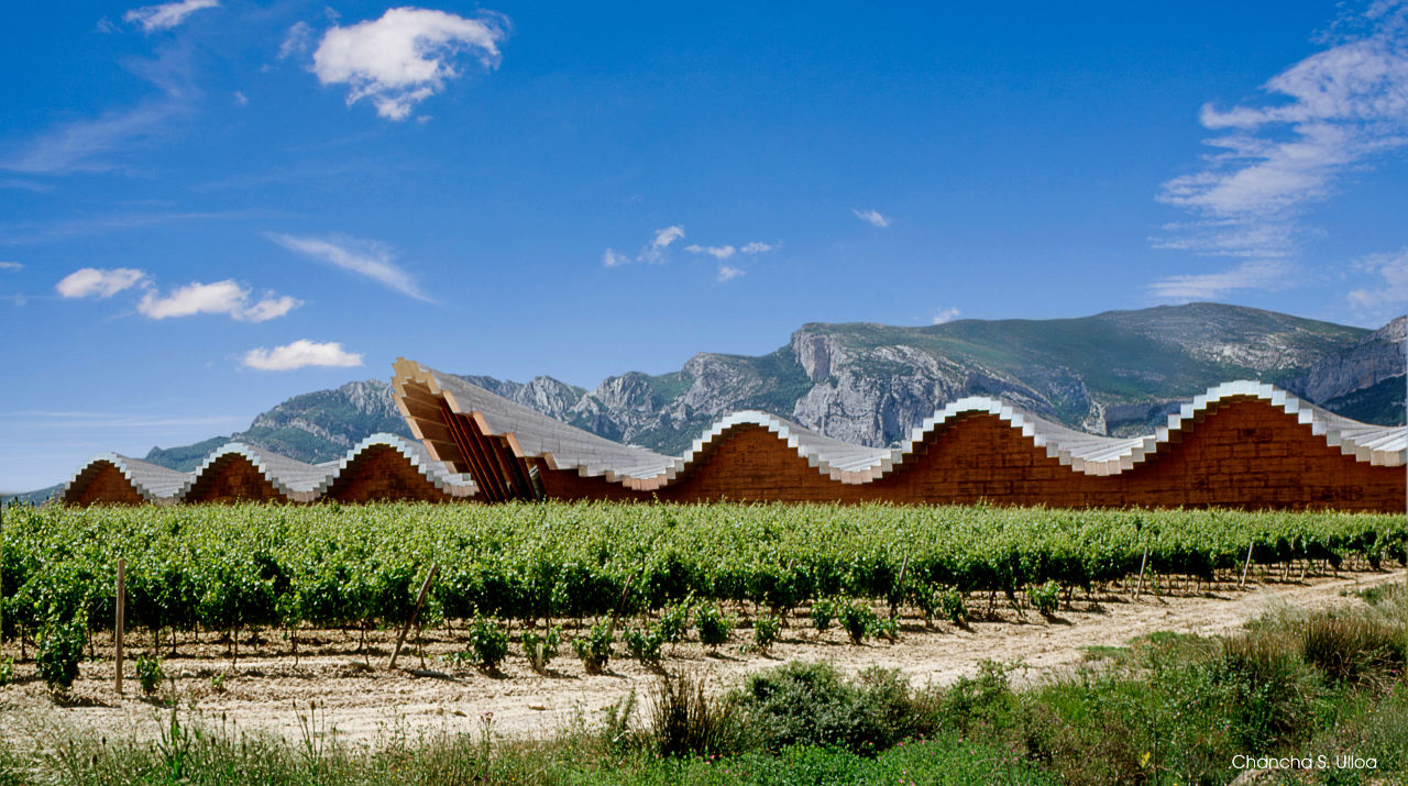 Architect Santiago Calatrava's Bodegas Ysios and surrounding vineyards in La Rioja Alavesa, Spain